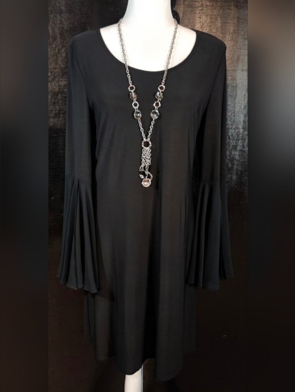 MSK Black Shift Dress Sheer Pleated Bell Sleeve M